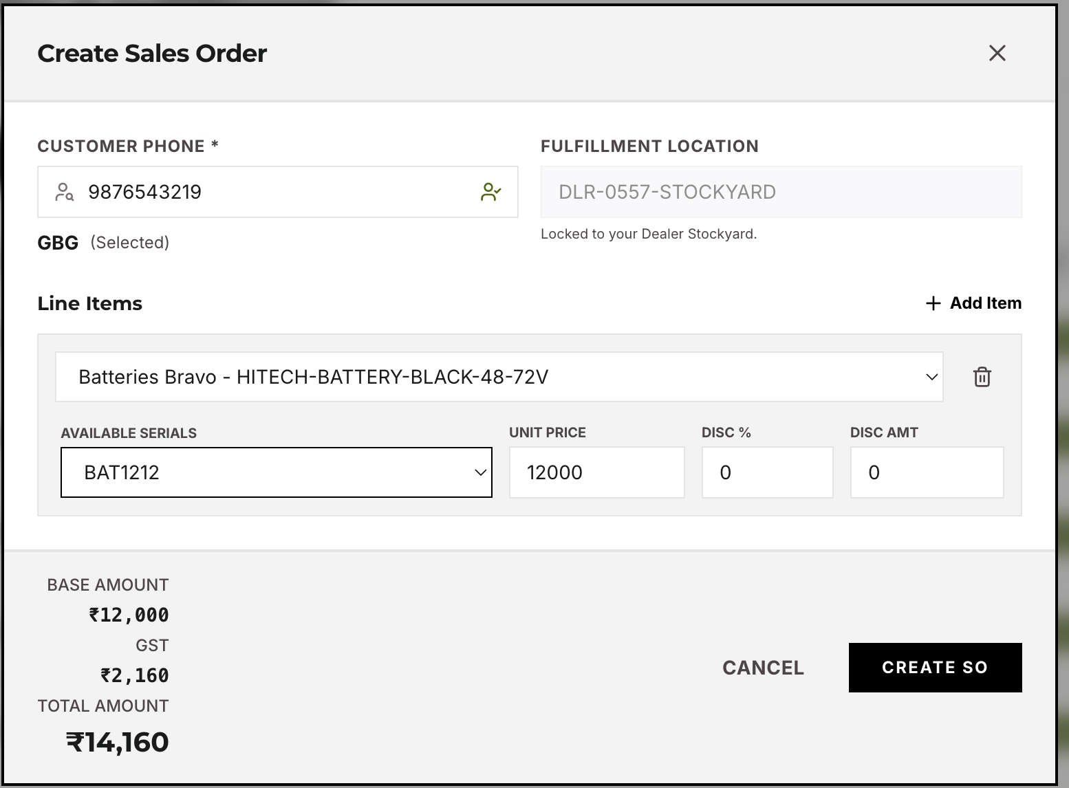 Dealer sales order with reserved stock