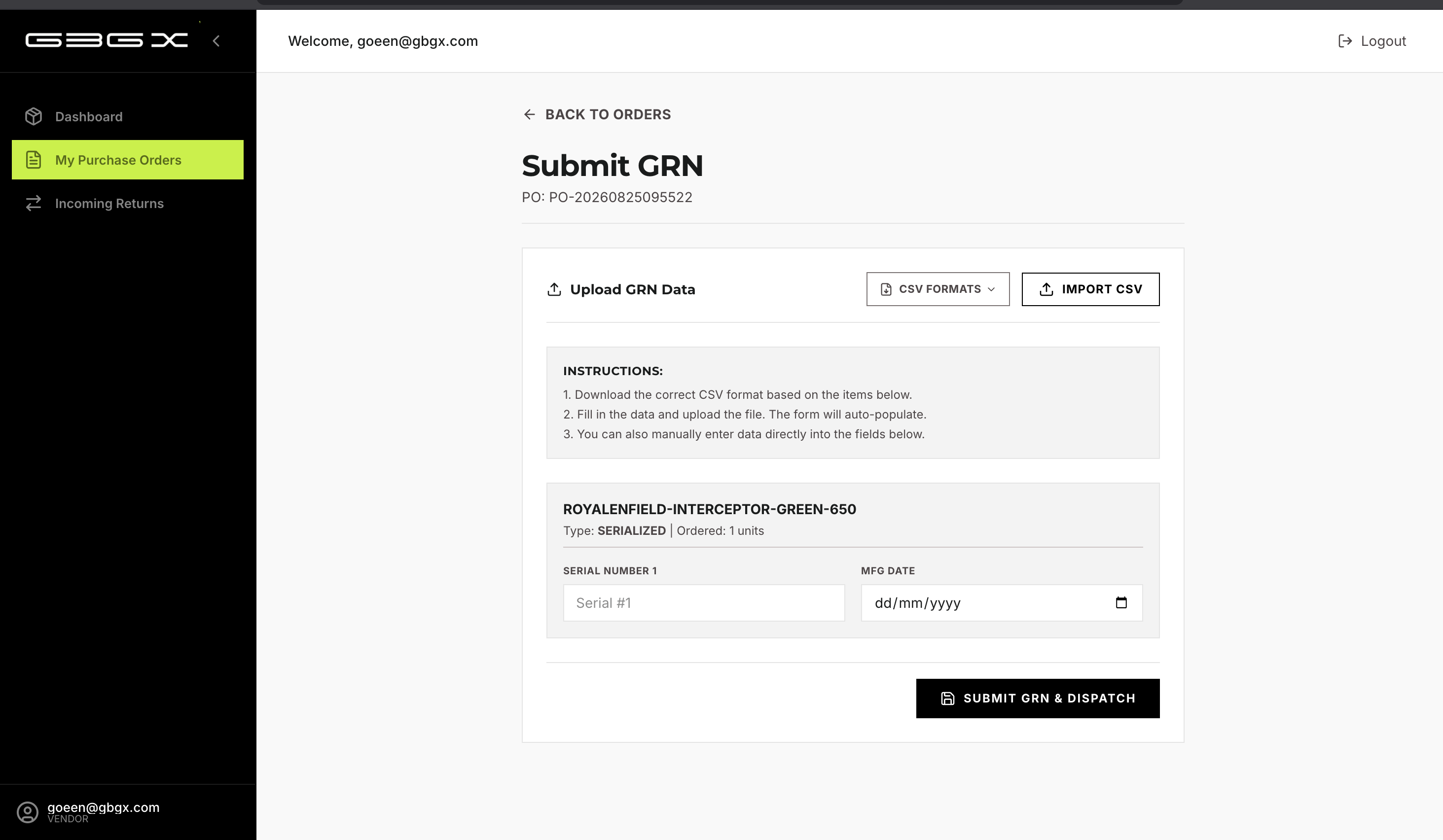 Vendor serialized GRN submission