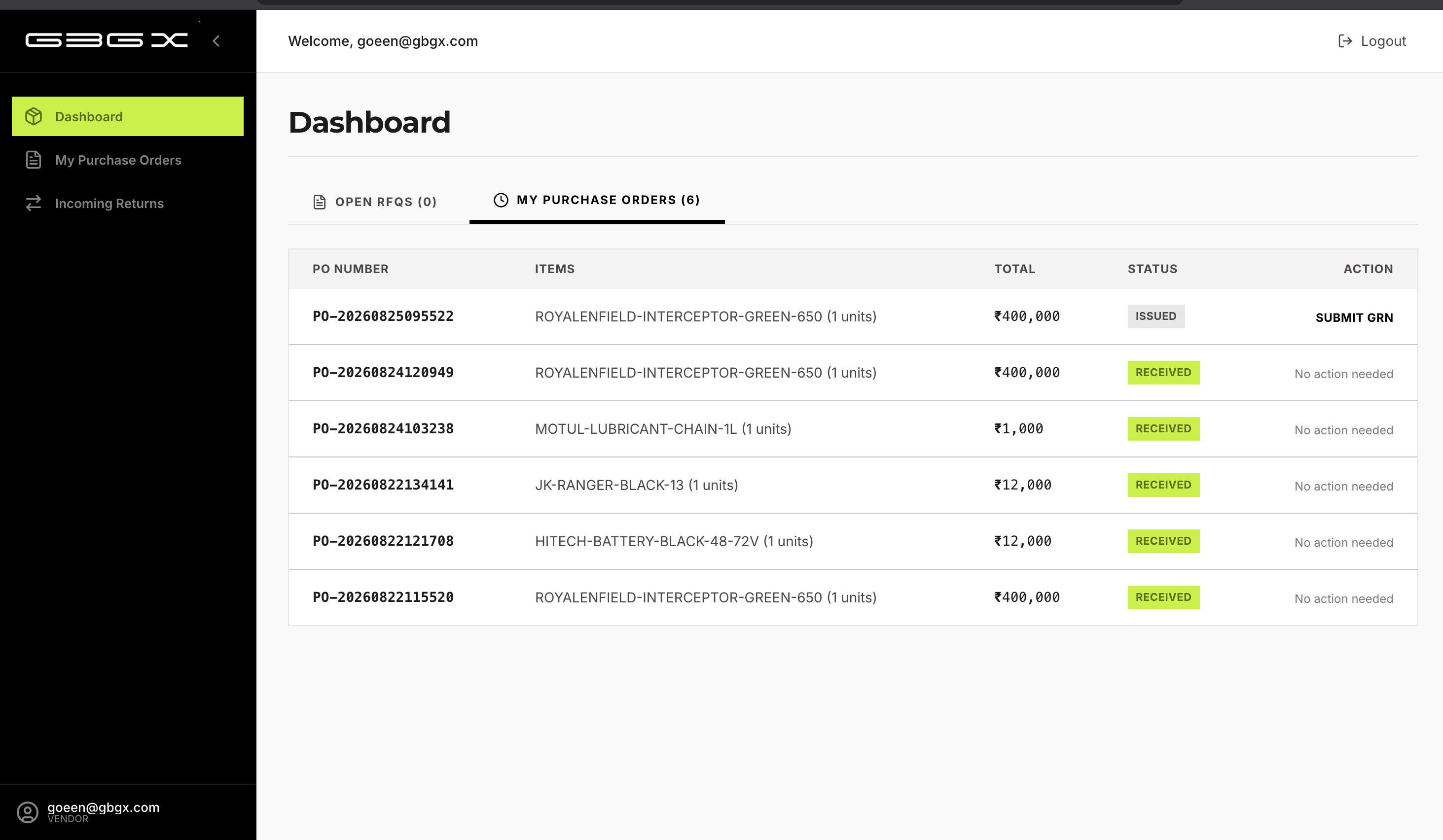 Vendor Portal purchase order list